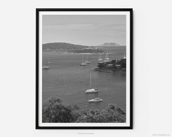 Caneel Bay Sailboats On Caribbean, St. John USVI Black And White Fine Art Photography Print