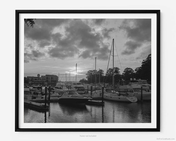 Shelter Cove Boat Marina At Sunset, Hilton Head Island Black And White Fine Art Photography Print