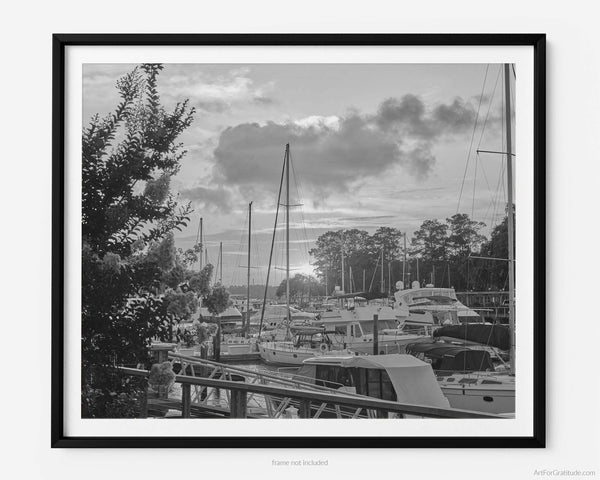 Shelter Cove Boat Marina At Sunset, Hilton Head Island Black And White Fine Art Photography Print, Art For Gratitude.