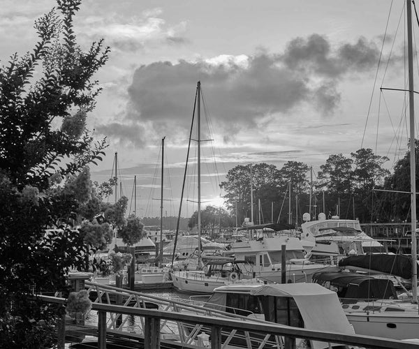 Shelter Cove Boat Marina At Sunset, Hilton Head Island Black And White Fine Art Photography Print, Art For Gratitude.