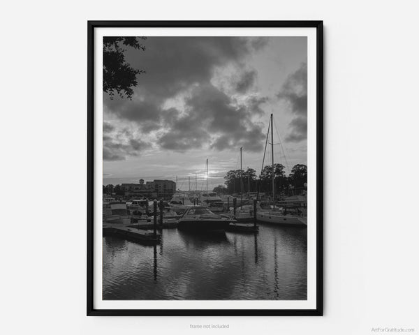 Shelter Cove Boat Marina At Sunset, Hilton Head Island Black And White Fine Art Photography Print