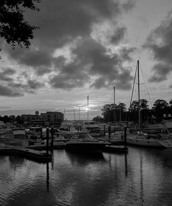 Shelter Cove Boat Marina At Sunset, Hilton Head Island Black And White Fine Art Photography Print