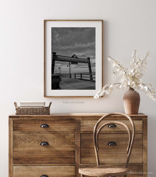 Harbor Town Pier Dock Sign At Sunset, Hilton Head Island Black And White Fine Art Photography Print, Art For Gratitude