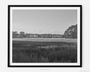 A framed picture of South Beach Marina & Salty Dog Cafe Over Marsh, Hilton Head Island Black And White Fine Art Photography Print, Sea Pines, Art For Gratitude
