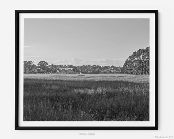 A framed picture of South Beach Marina & Salty Dog Cafe Over Marsh, Hilton Head Island Black And White Fine Art Photography Print, Sea Pines, Art For Gratitude