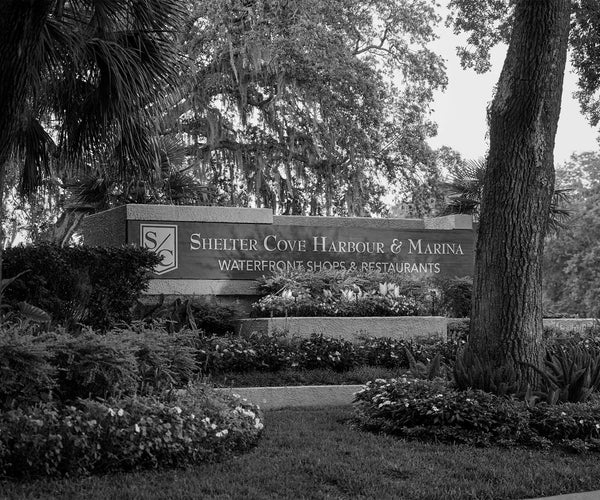Shelter Cove Harbour And Marina Sign, Hilton Head Island Black And White Fine Art Photography Print, Art For Gratitude.