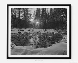 This stunning fine art photography print transports you to Gore Creek during winter at Vail Ski Resort in Vail, Colorado. As the sunset peers thru the pines, tranquil waters flow.