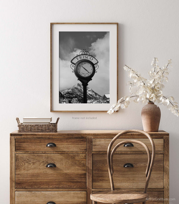 Frisco Clock On Main Street, Frisco Colorado Black And White Fine Art Photography Print, Art For Gratitude