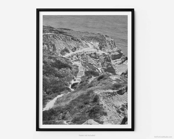 Torrey Pines Beach Trail Black And White Fine Art Photography Print, Stairs From Yucca Point, In San Diego California