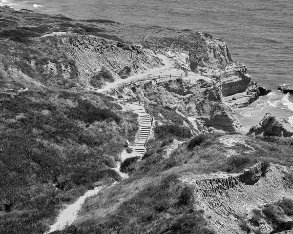 The Beach Trail, Torrey Pines Black And White Fine Art Photography Print, View Of Stairs From Yucca Point, In San Diego California