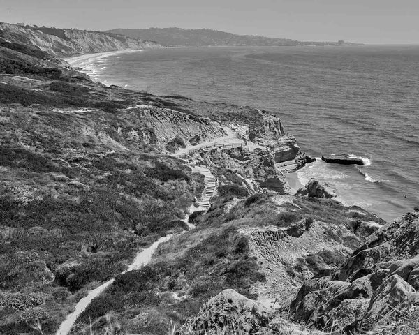 The Beach Trail, Torrey Pines Black And White Fine Art Photography Print, Stairs From Yucca Point, San Diego California, With Black&#39;s Beach