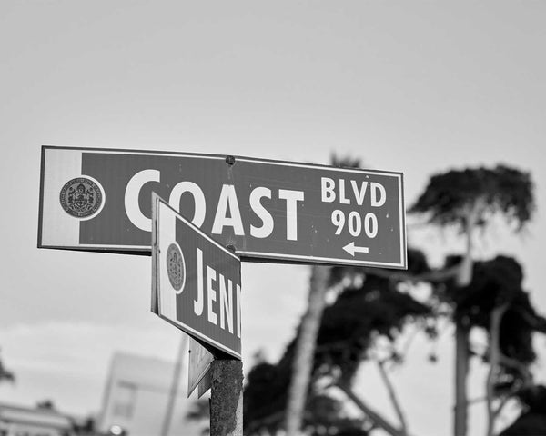 Coast Boulevard Street Sign At Sunset, La Jolla Black And White Fine Art Photography Print, In San Diego California, Art For Gratitude