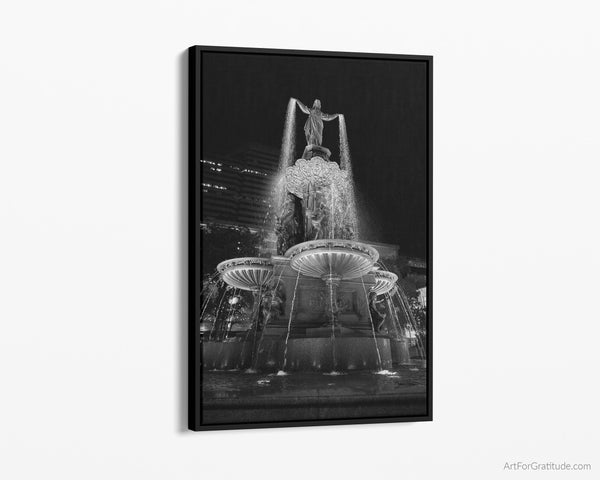 Fountain Square In Cincinnati, Cincinnati Black And White Fine Art Photography, Floating Framed Canvas Print, by Art For Gratitude