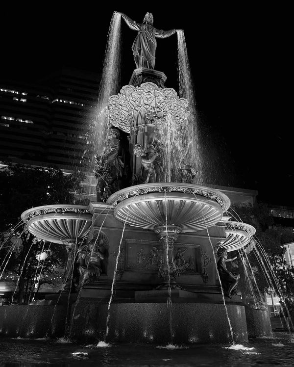 Fountain Square In Cincinnati, Cincinnati Black And White Fine Art Photography, Floating Framed Canvas Print, by Art For Gratitude