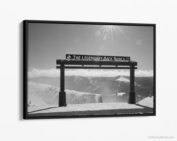 Vail Ski Resort Legendary Back Bowls Sign, Black And White Framed Canvas Print, Vail Wall Art, Floating Frame, by Art For Gratitude