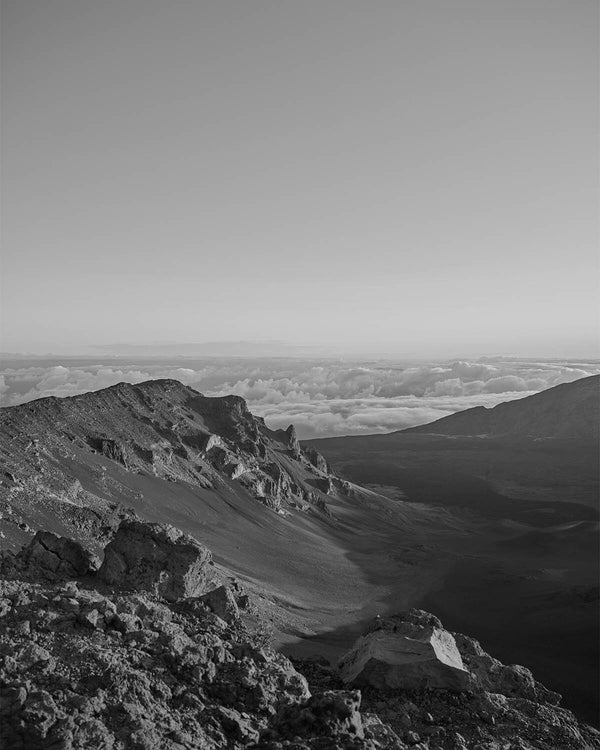 Haleakalā Summit View Into Volcanic Crater at Sunrise, Haleakalā National Park Black And White Fine Art Photography Print, In Maui Hawaii